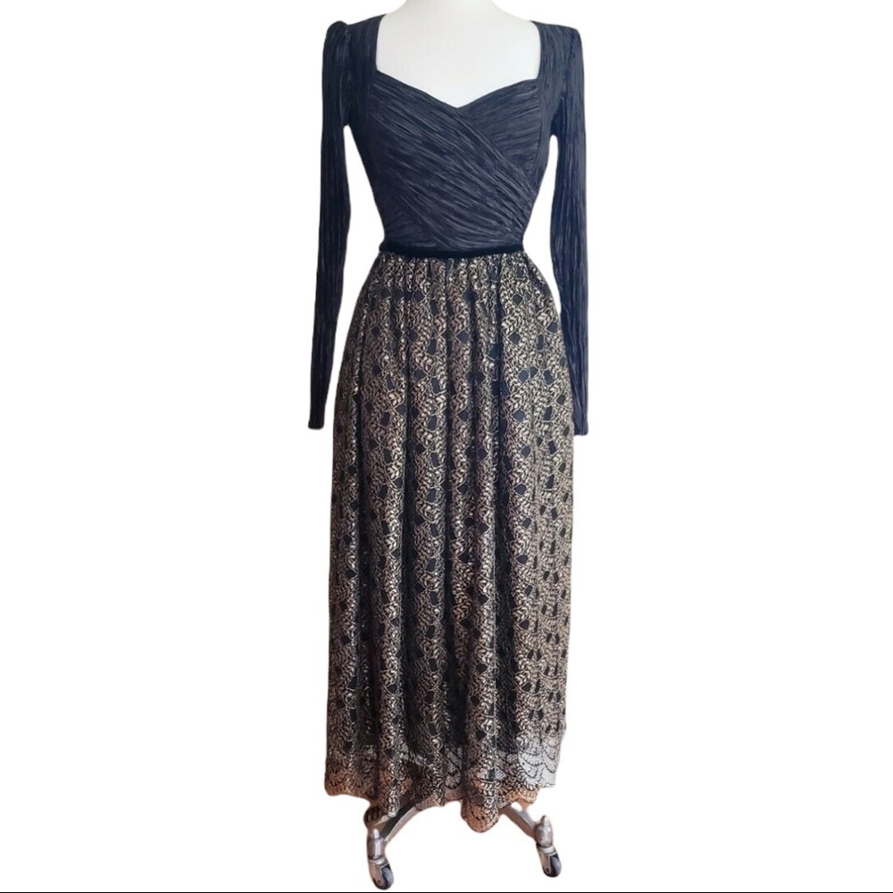 Vintage Mary Mcfadden Couture Evening Gown Black Gold Pleated Maxi Dress 24